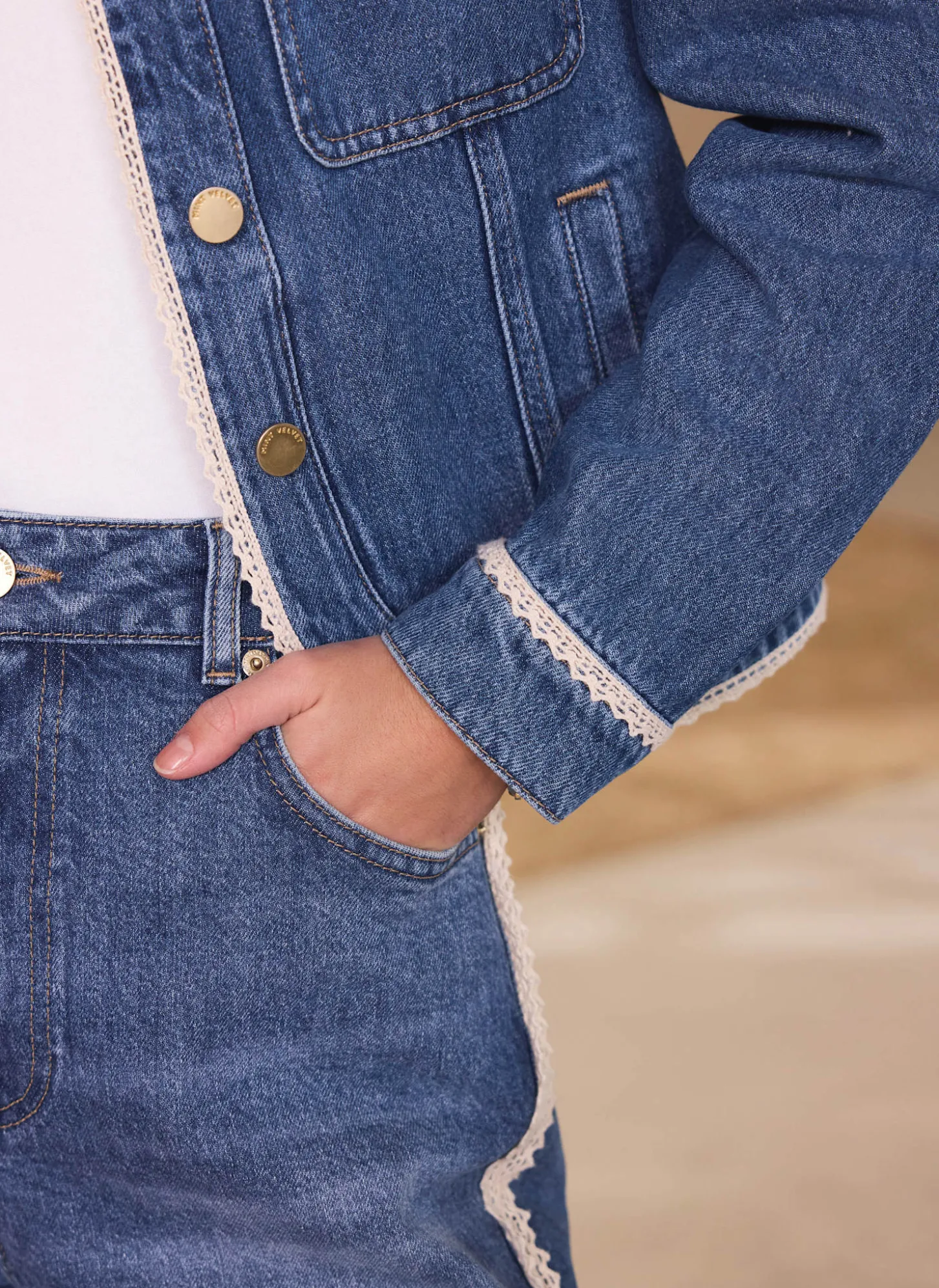Mid Indigo Crochet Trim Denim Jacket