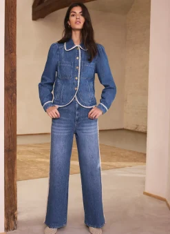 Mid Indigo Crochet Trim Denim Jacket
