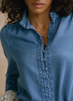 Mid Indigo Denim Contrast Cuff Blouse
