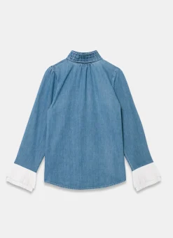 Mid Indigo Denim Contrast Cuff Blouse
