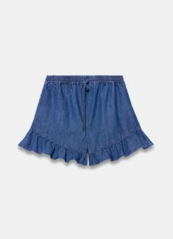 Mid Indigo Denim Ruffle Hem Shorts