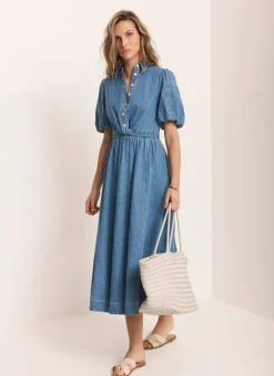 Mid Indigo Denim Twist Midi Dress