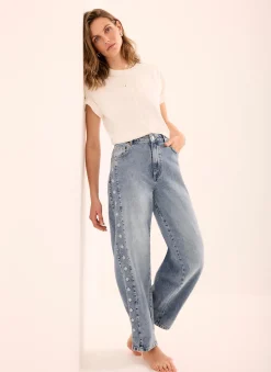 Mid Indigo Floral Embroidered Tapered Jeans