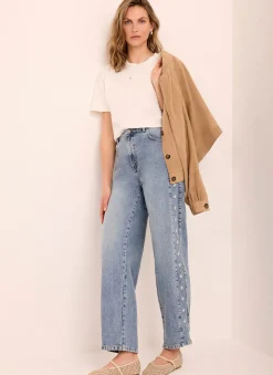 Mid Indigo Floral Embroidered Tapered Jeans