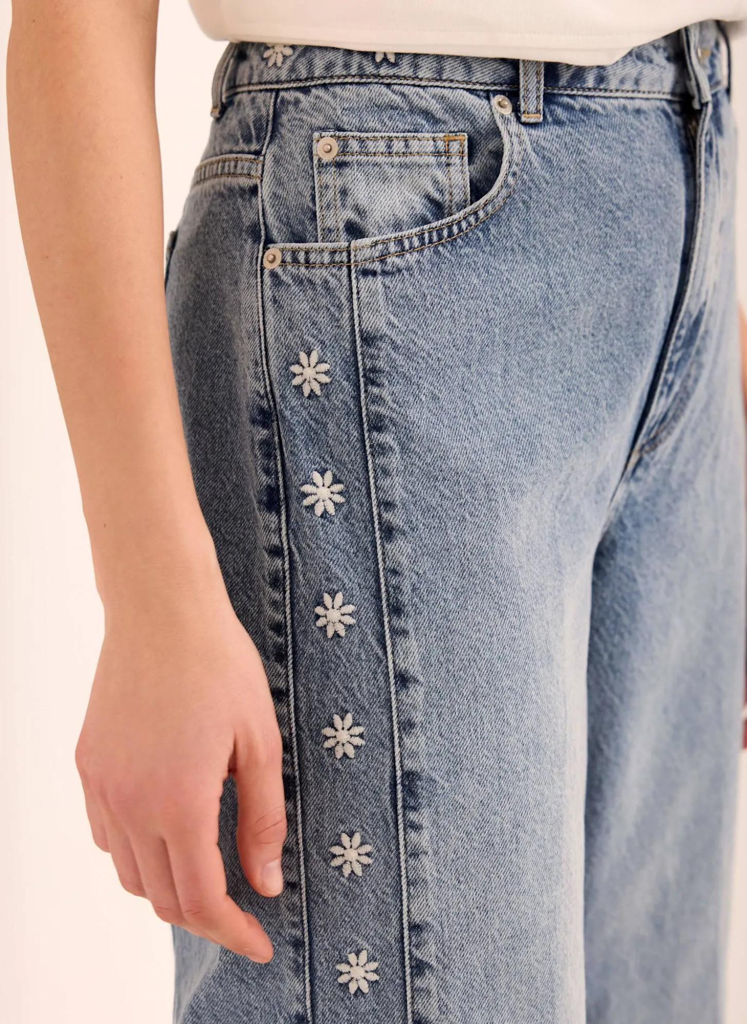 Mid Indigo Floral Embroidered Tapered Jeans