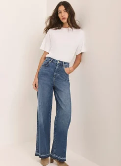 Mid Indigo Hem Detail Wide Leg Jean