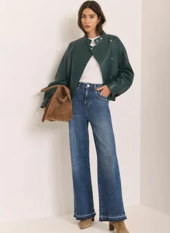 Mid Indigo Hem Detail Wide Leg Jean