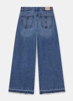 Mid Indigo Hem Detail Wide Leg Jean