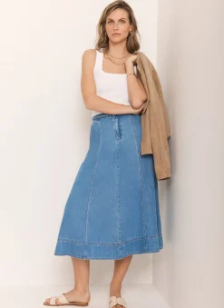 Mid Indigo Plait Detail Denim Midi Skirt