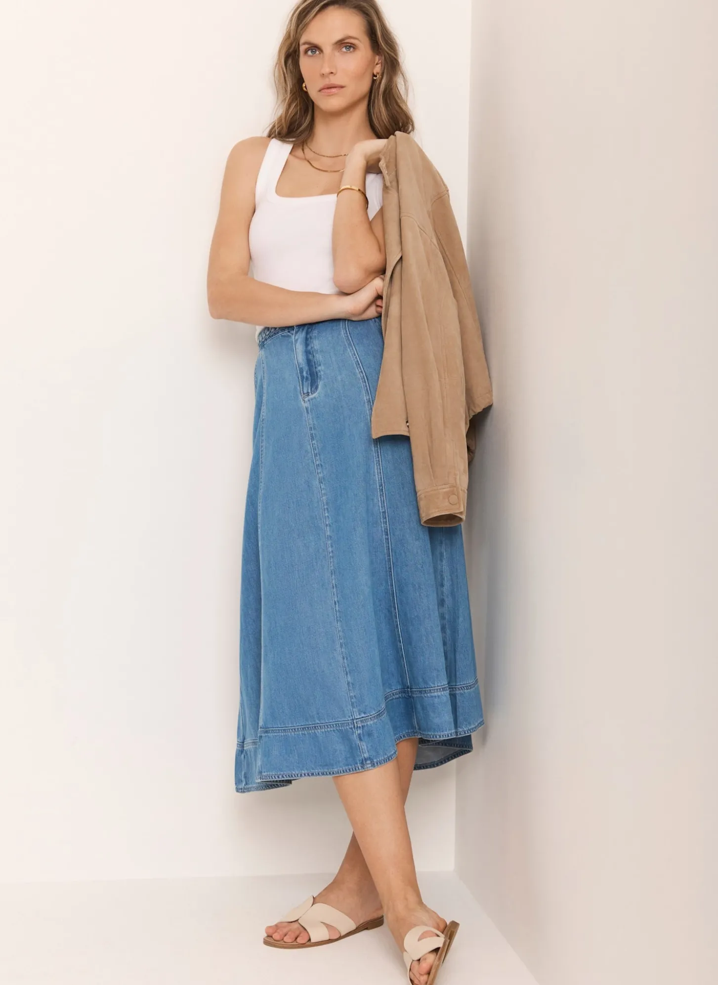 Mid Indigo Plait Detail Denim Midi Skirt