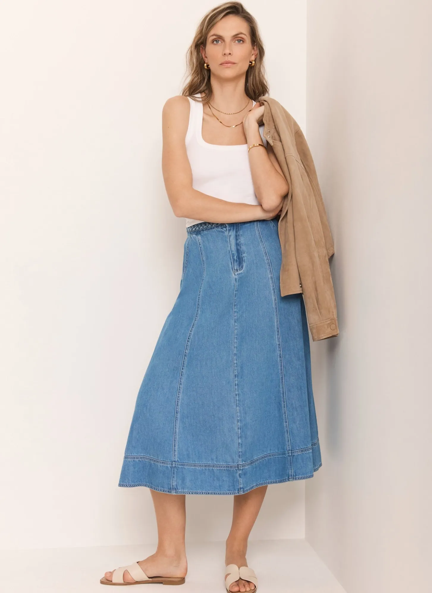 Mid Indigo Plait Detail Denim Midi Skirt
