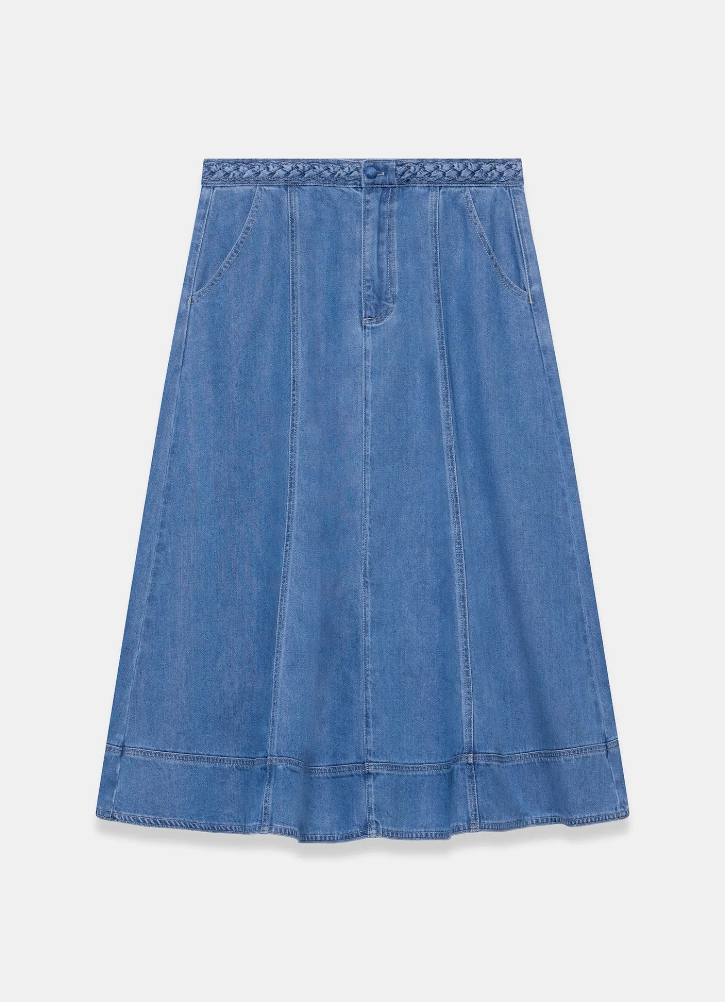 Mid Indigo Plait Detail Denim Midi Skirt