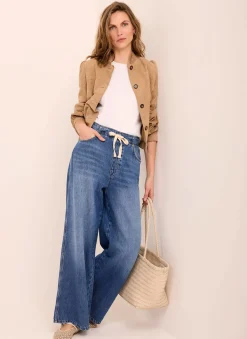 Mid Indigo Tie Waist Wide Leg Jeans