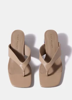 Millie Neutral Leather Block Flip Flop Heels
