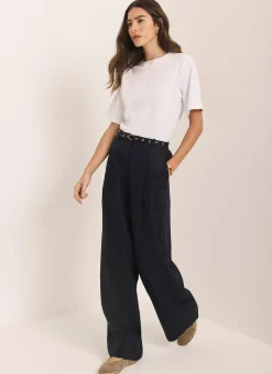 Navy Belt Wide Leg Trouser