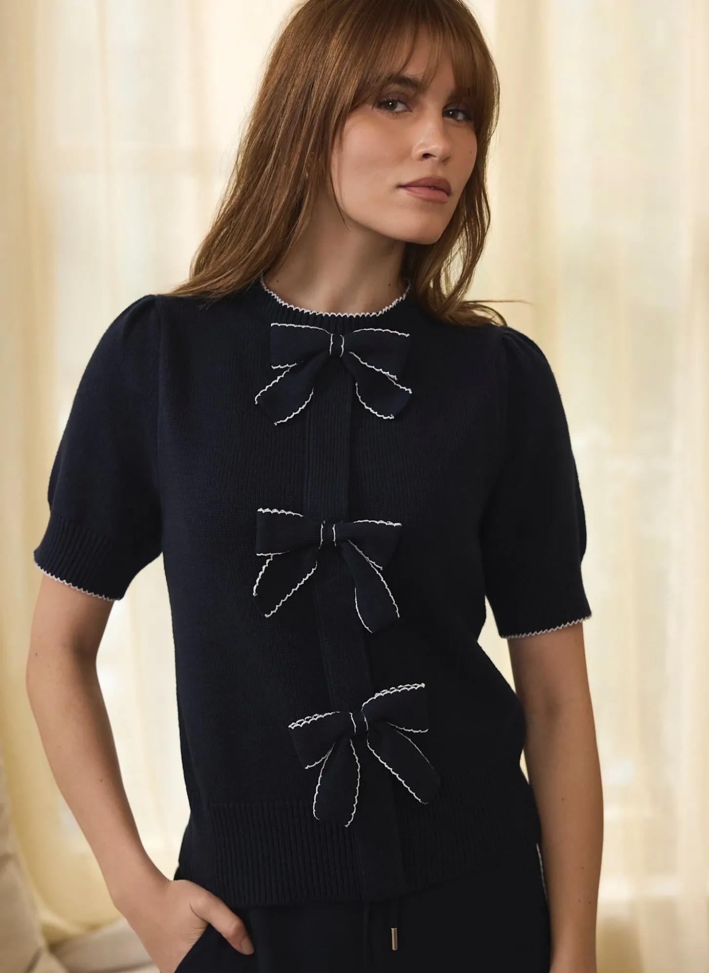 Navy Bow Detail Knit Top