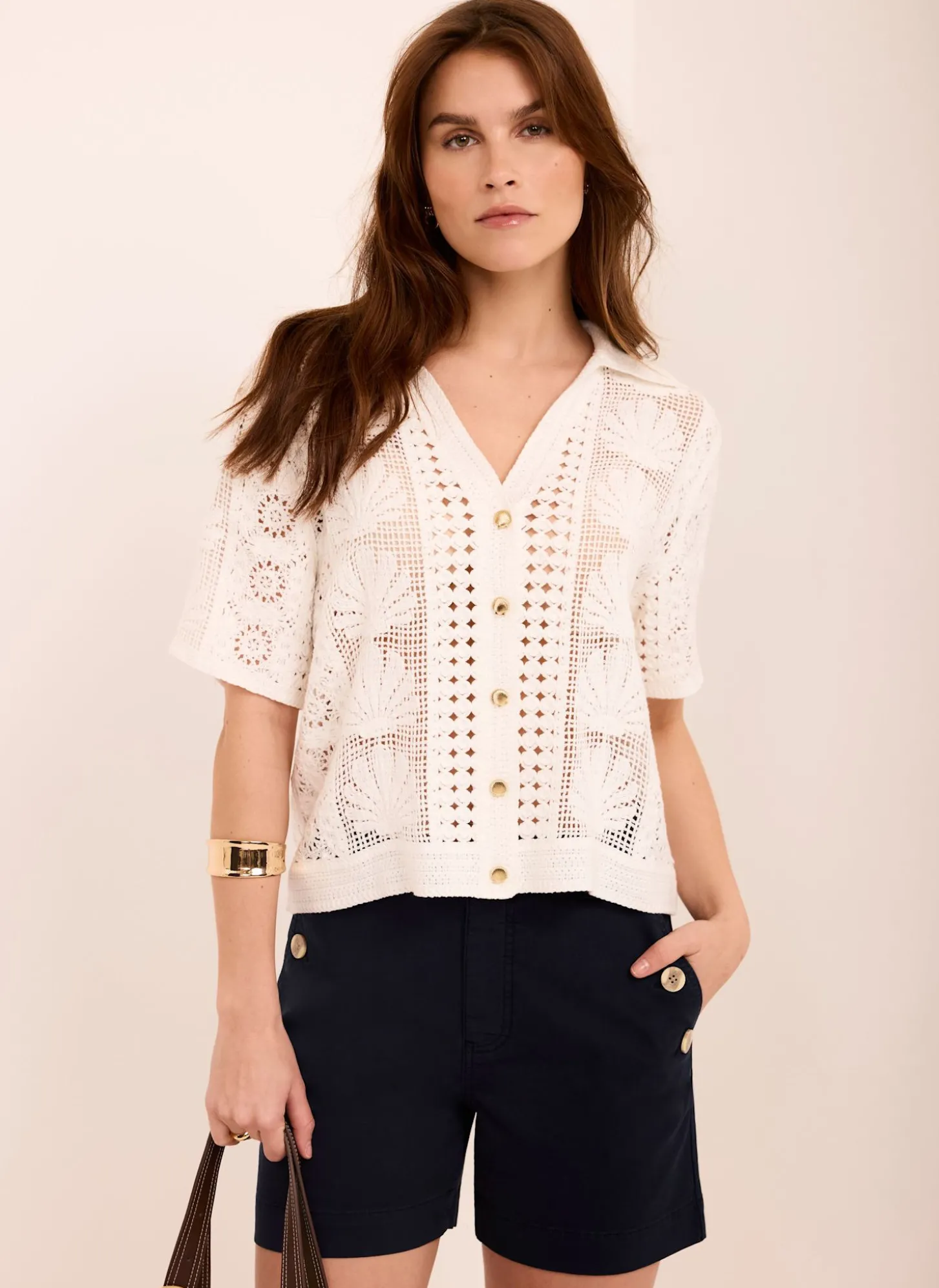Navy Button Front Chino Shorts