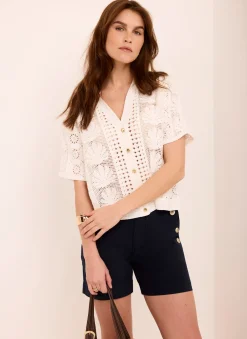 Navy Button Front Chino Shorts