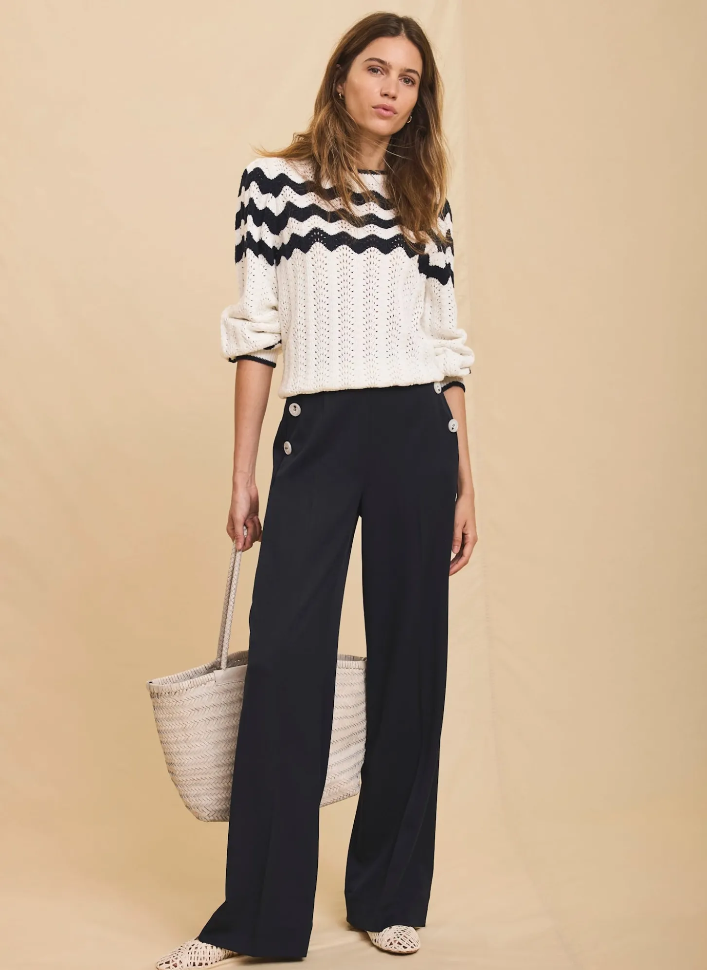Navy Button Front Wide Trousers