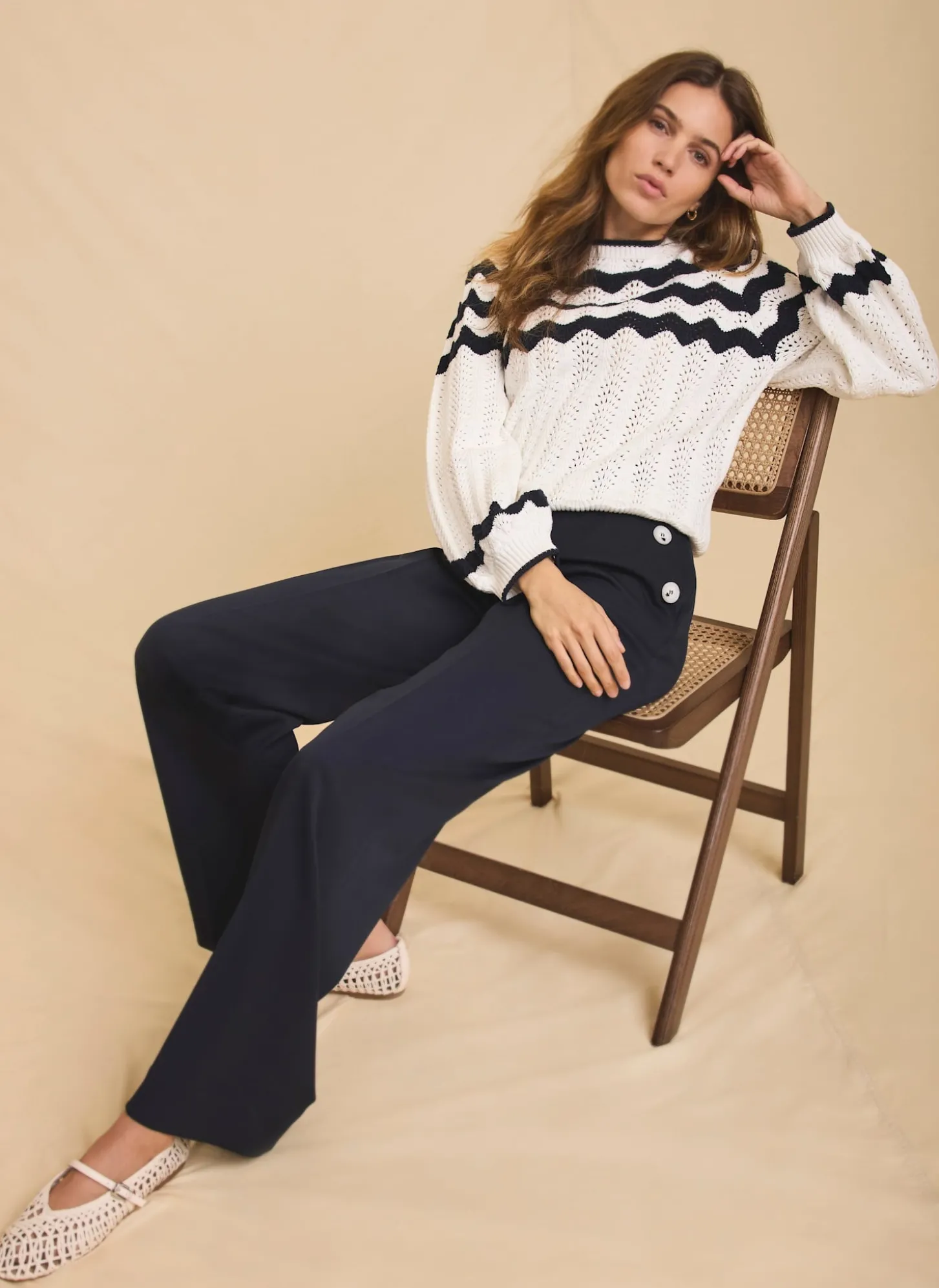 Navy Button Front Wide Trousers
