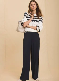 Navy Button Front Wide Trousers