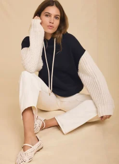Navy Cotton Blend Contrast Sleeve Hoodie