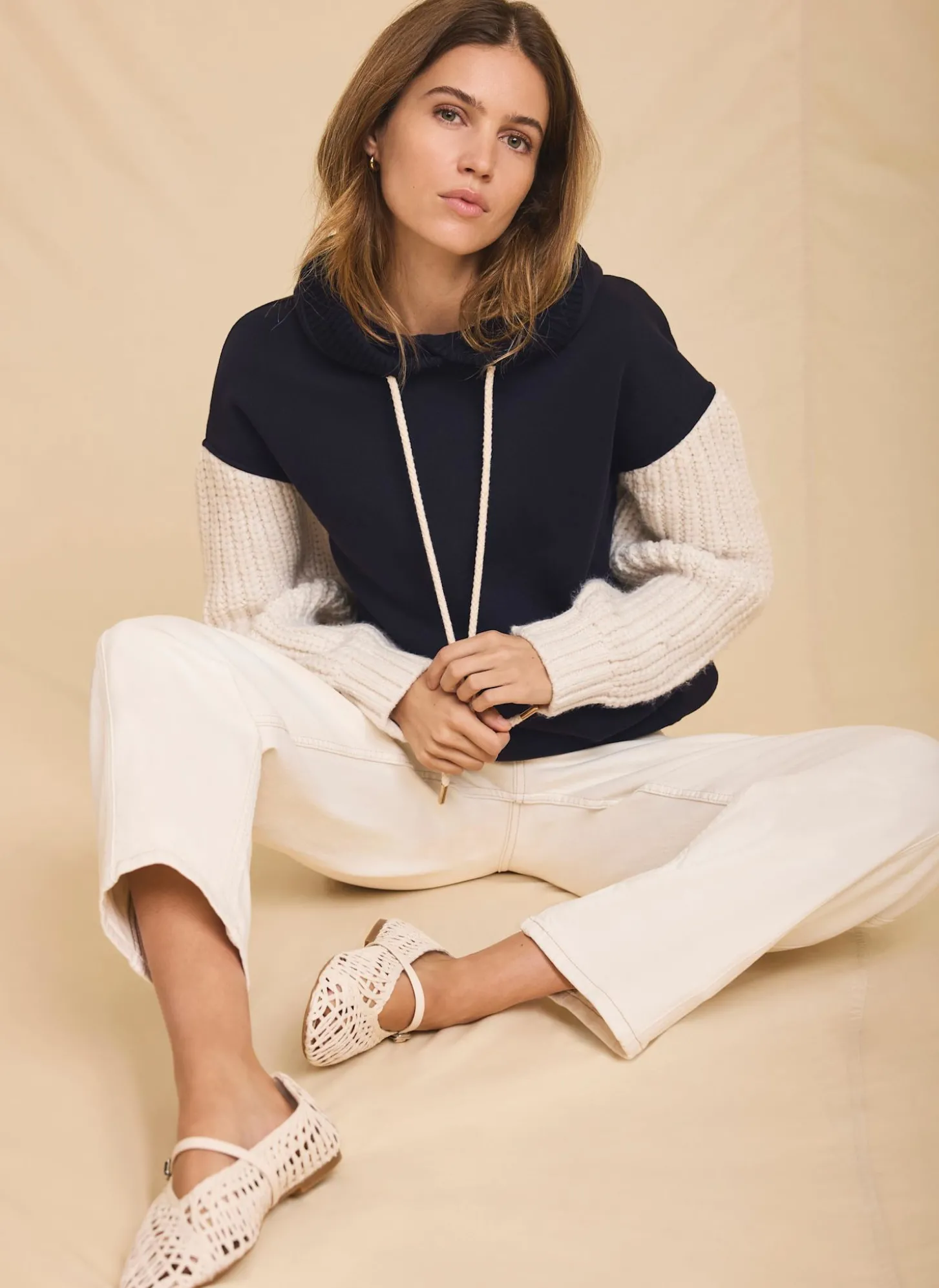 Navy Cotton Blend Contrast Sleeve Hoodie