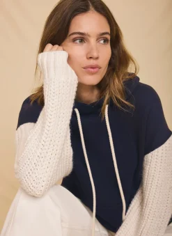 Navy Cotton Blend Contrast Sleeve Hoodie