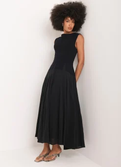 Navy Cotton Blend Drop Waist Maxi Dress