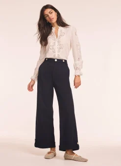 Navy Cropped Wide Chino Trousers
