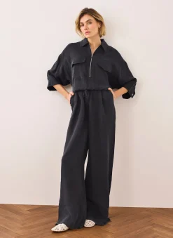 Navy Drawstring Wide Leg Trousers