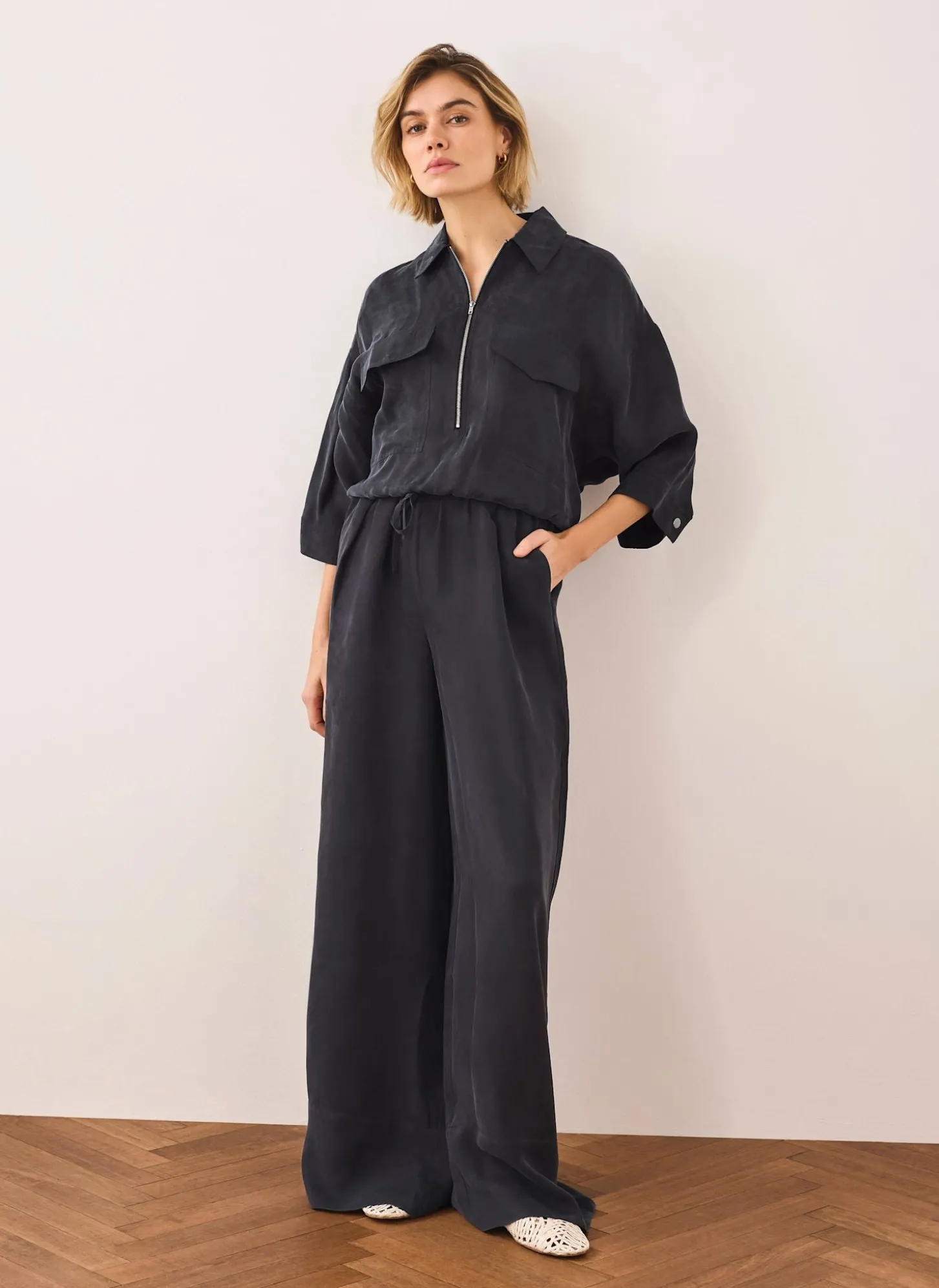 Navy Drawstring Wide Leg Trousers