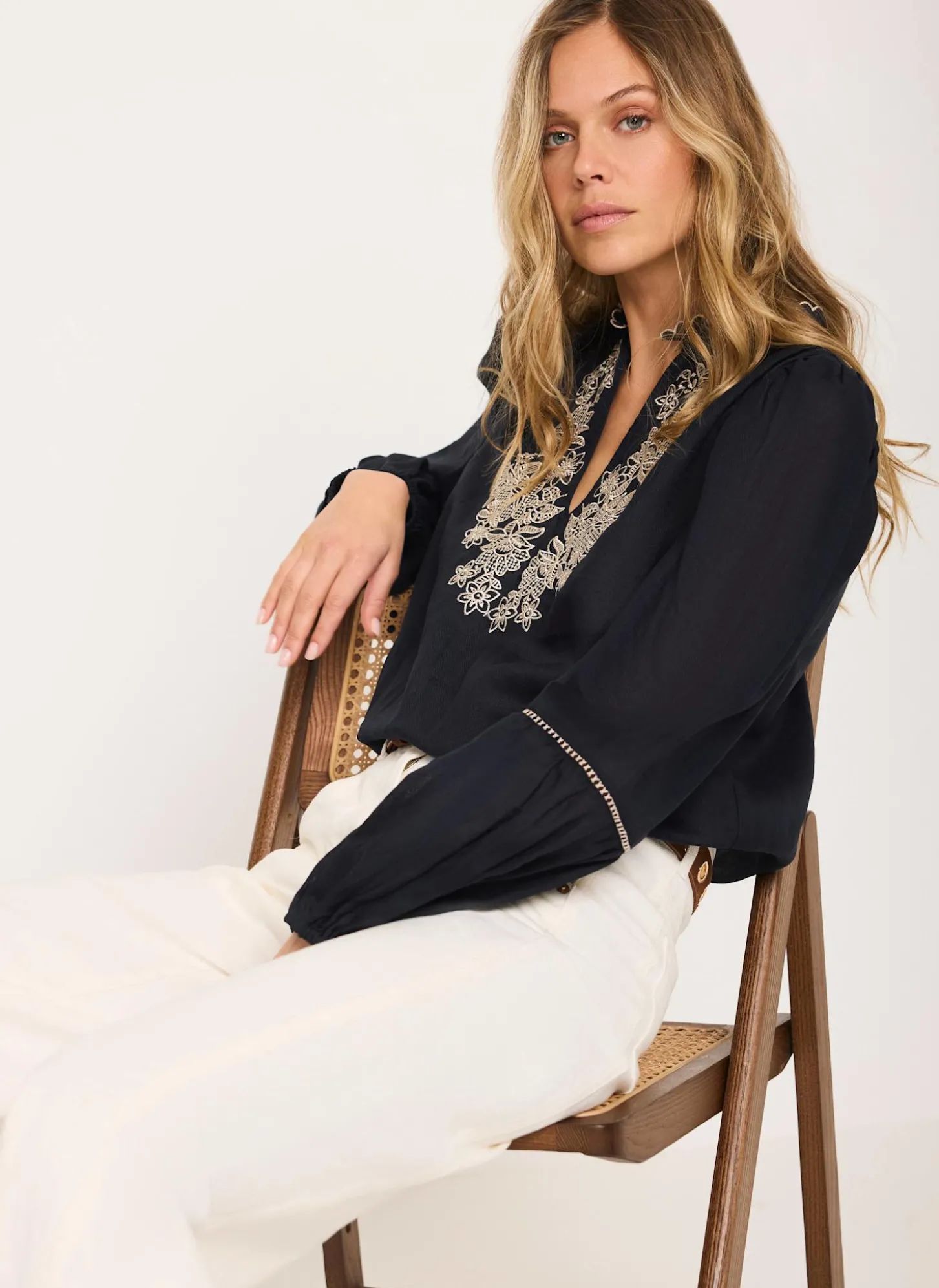 Navy Embroidered Detail Blouse