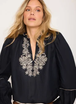 Navy Embroidered Detail Blouse