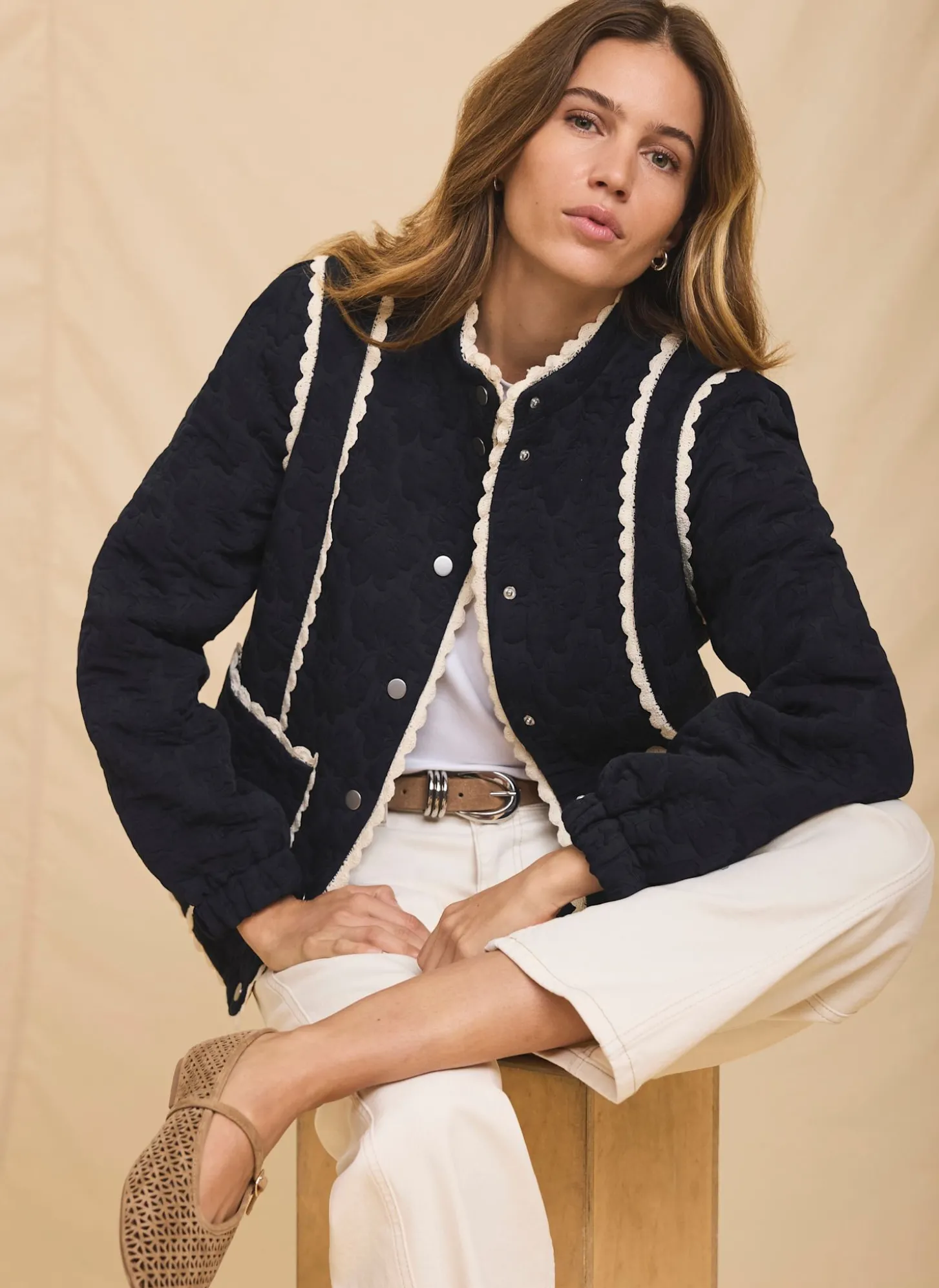 Navy Floral Jacquard Quilted Jacket