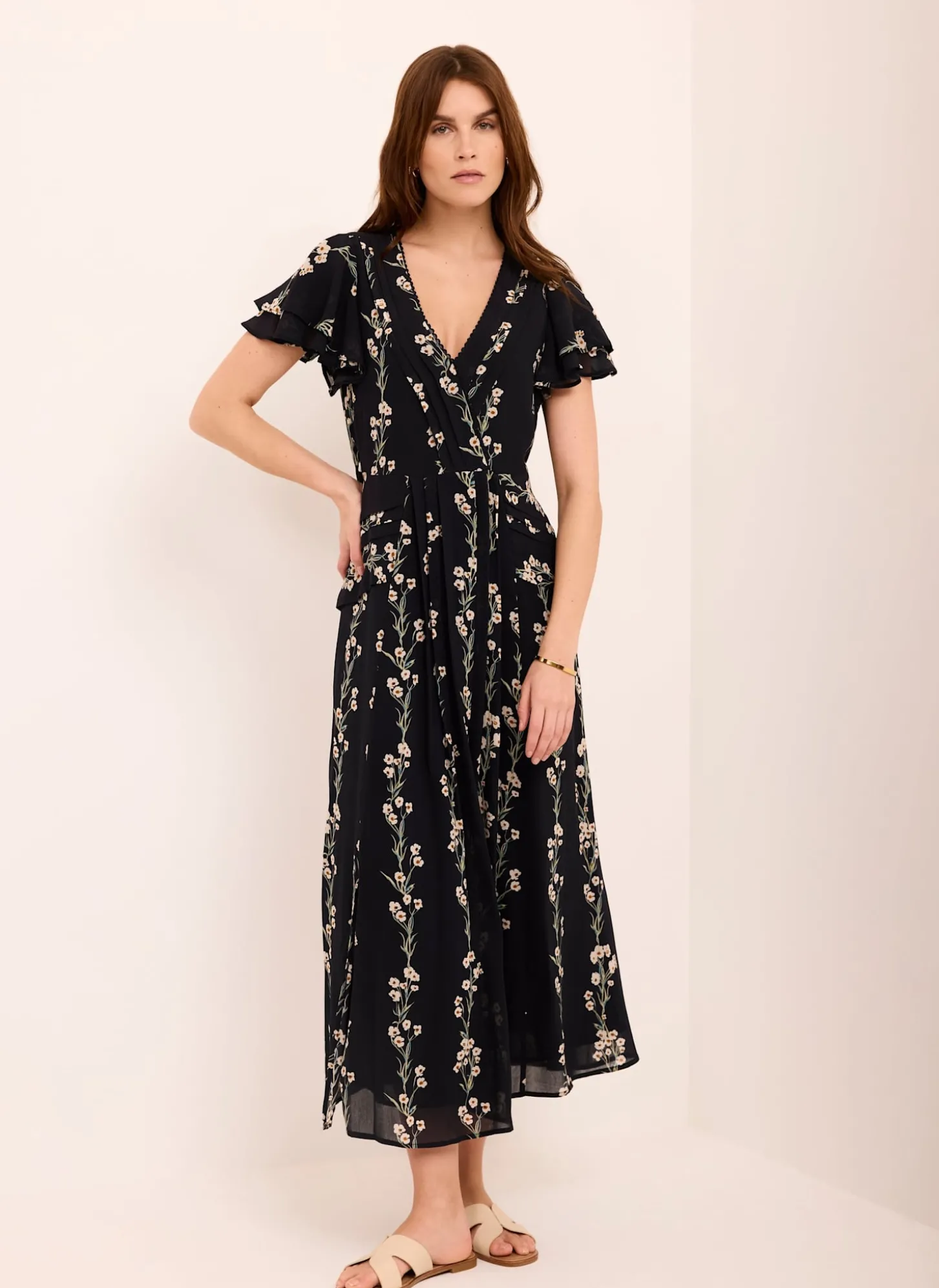 Navy Floral Print Midi Dress