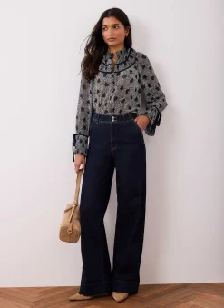 Navy Heart Print Chiffon Blouse