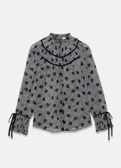 Navy Heart Print Chiffon Blouse