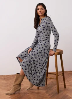 Navy Heart Print Zip Front Midi Dress