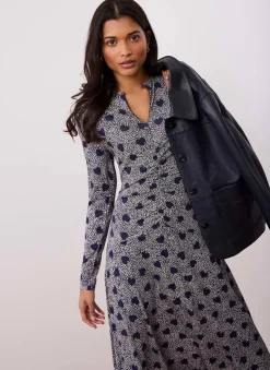 Navy Heart Print Zip Front Midi Dress