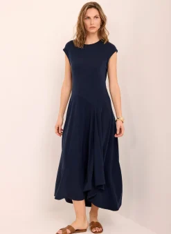 Navy Jersey Asymmetric Midi Dress