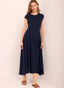 Navy Jersey Asymmetric Midi Dress
