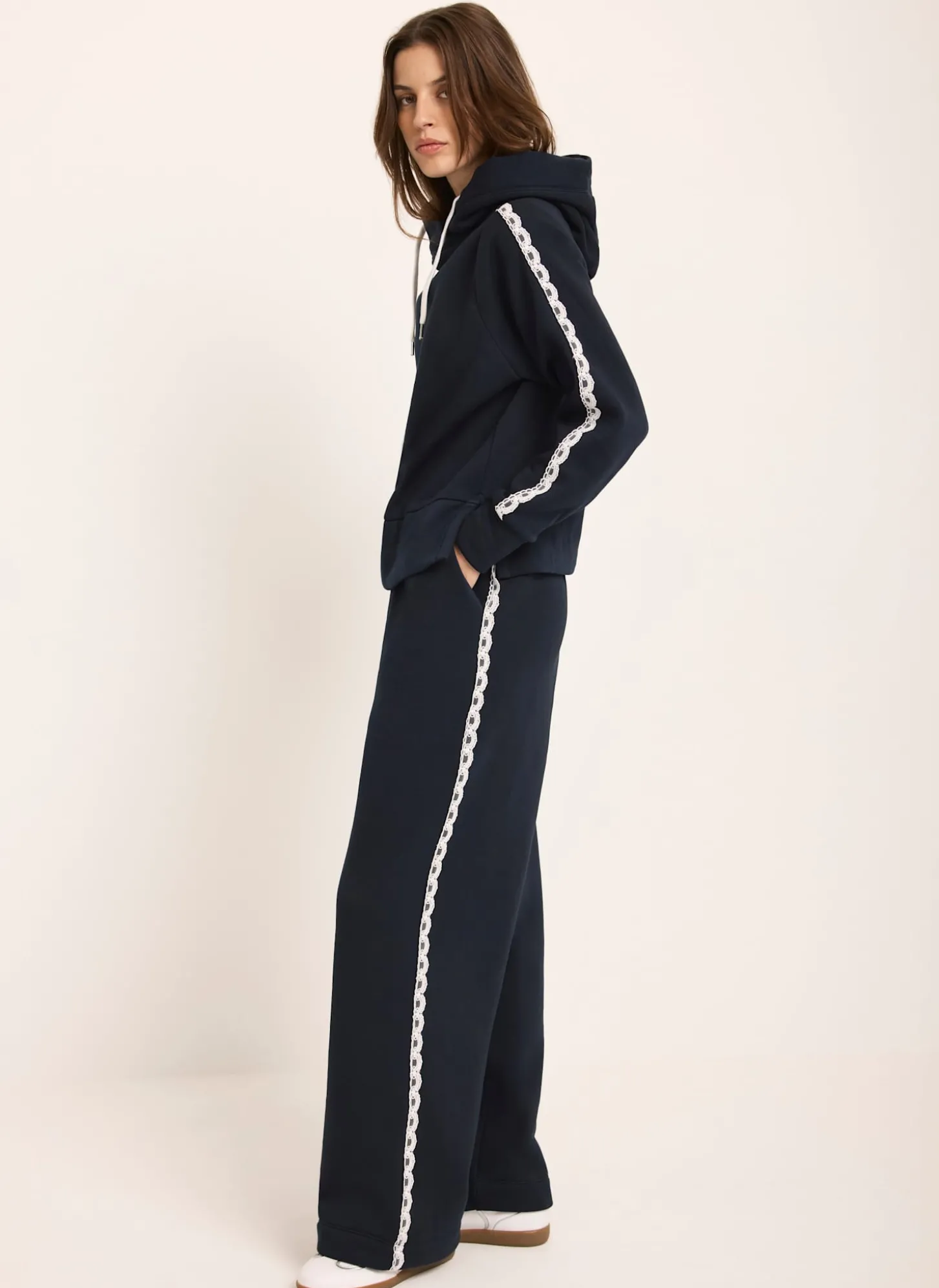 Navy Jersey Crochet Trim Wide Joggers