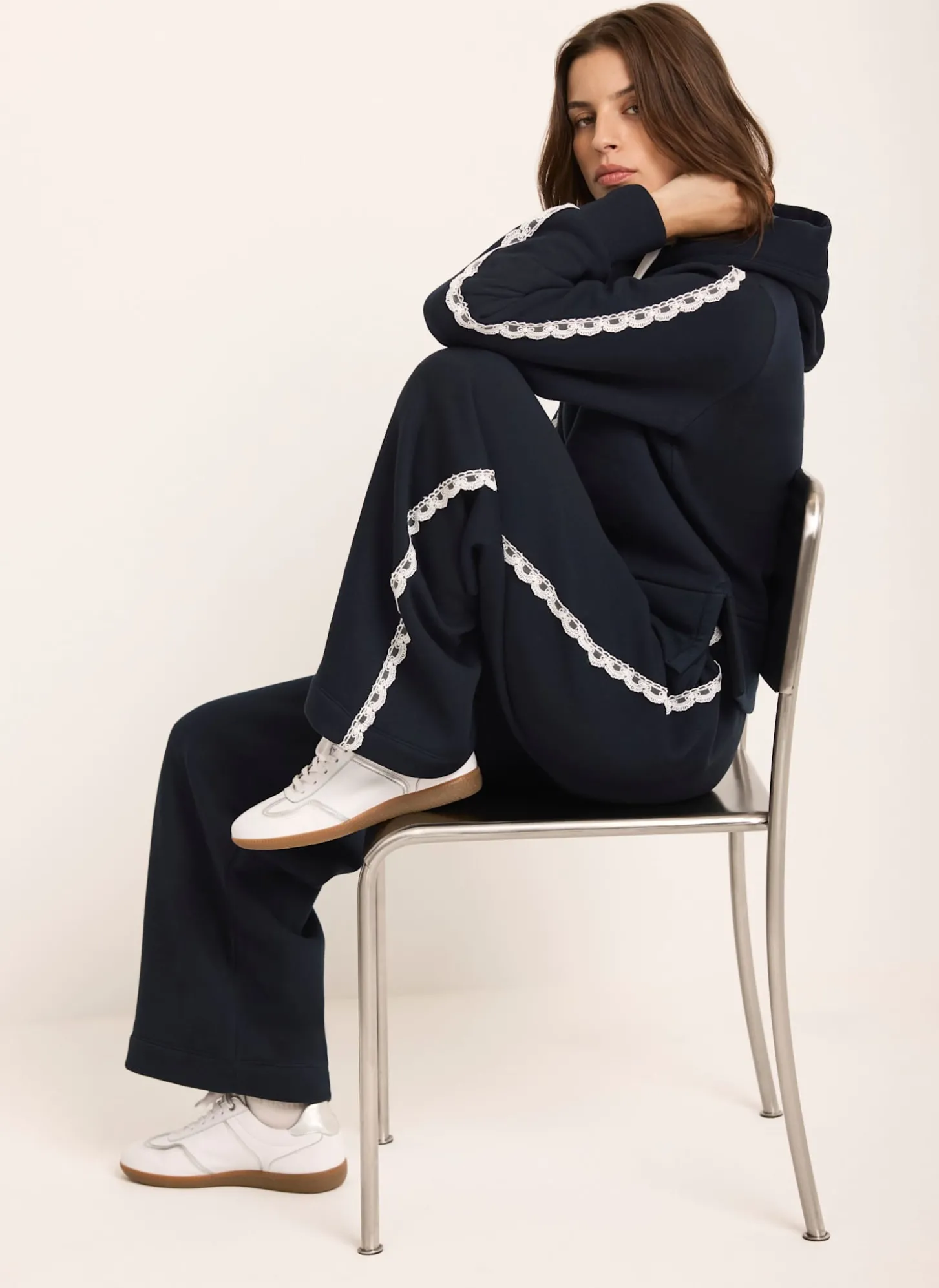 Navy Jersey Crochet Trim Wide Joggers