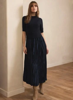 Navy Knit Puff Sleeve Maxi Dress