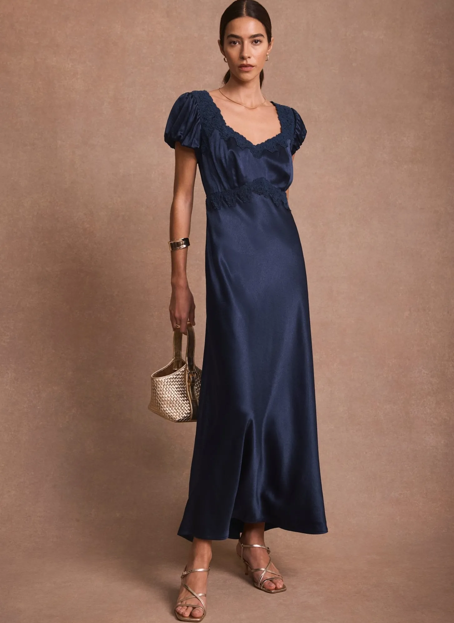 Navy Lace Detail Satin Midi Dress