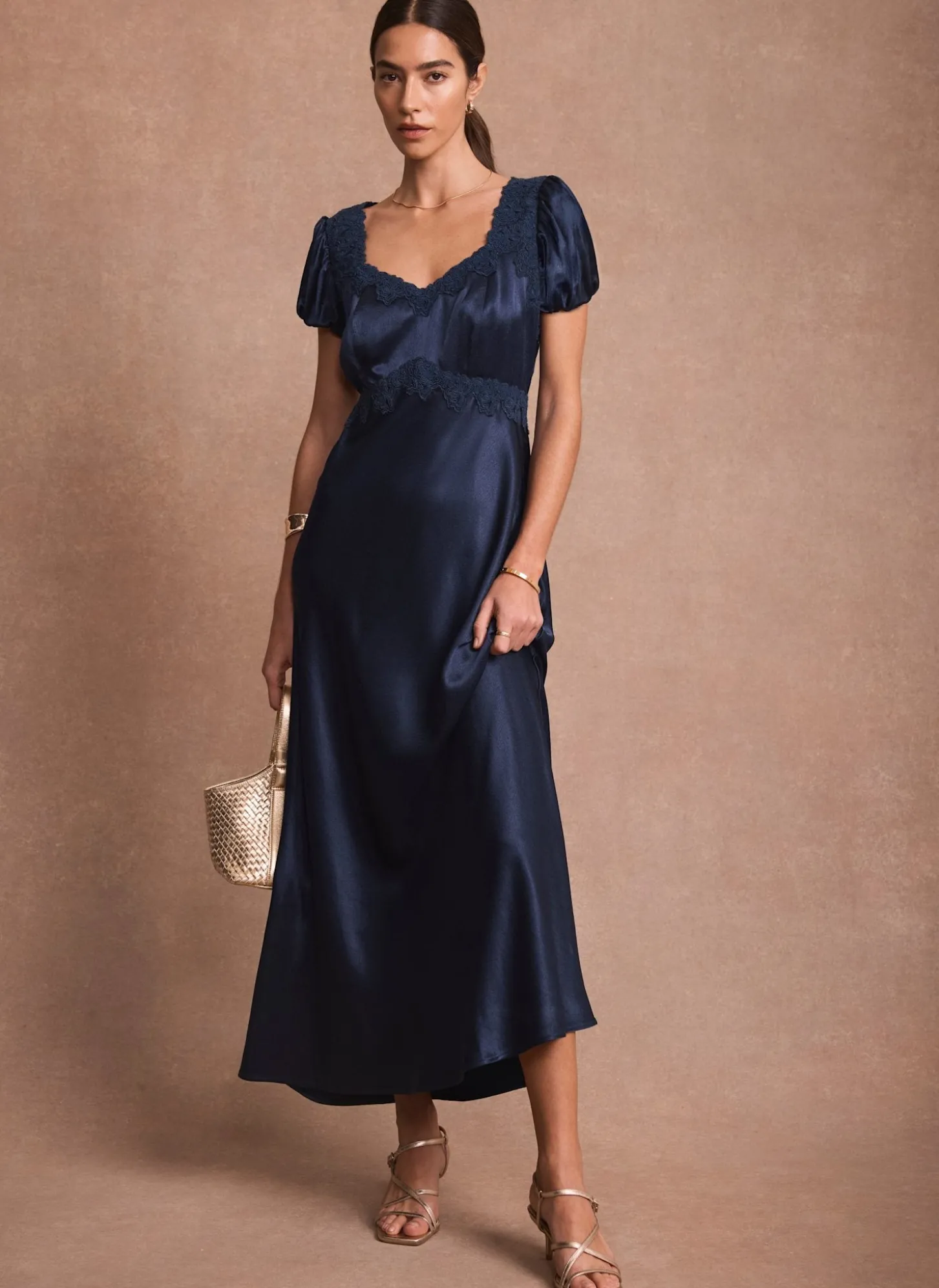 Navy Lace Detail Satin Midi Dress