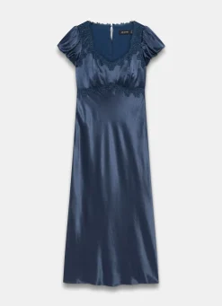 Navy Lace Detail Satin Midi Dress