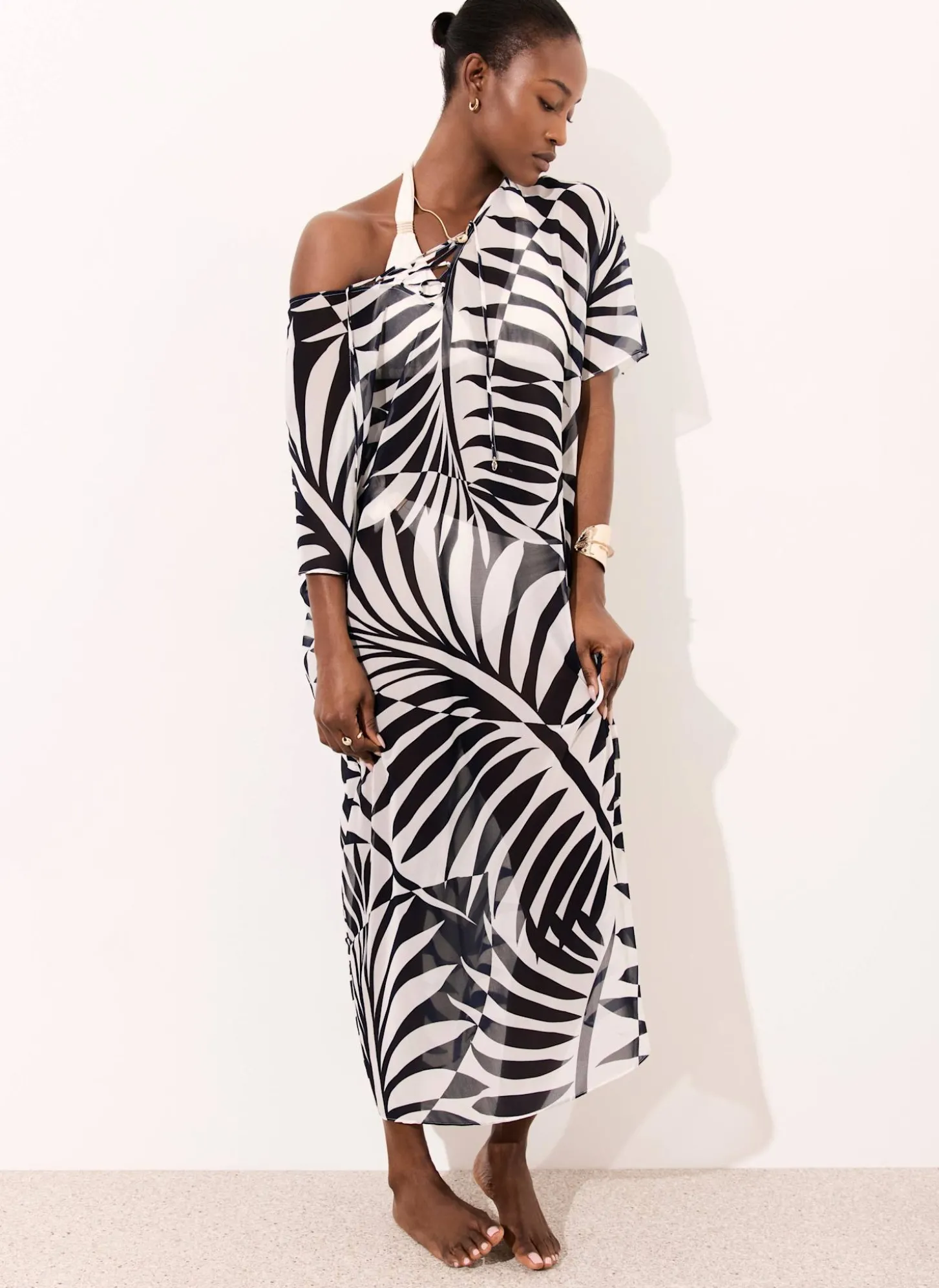 Navy Leaf Print Beach Cover Up