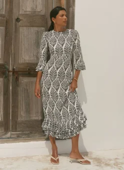 Navy Leaf Print Ruffle Detail Midi Dress